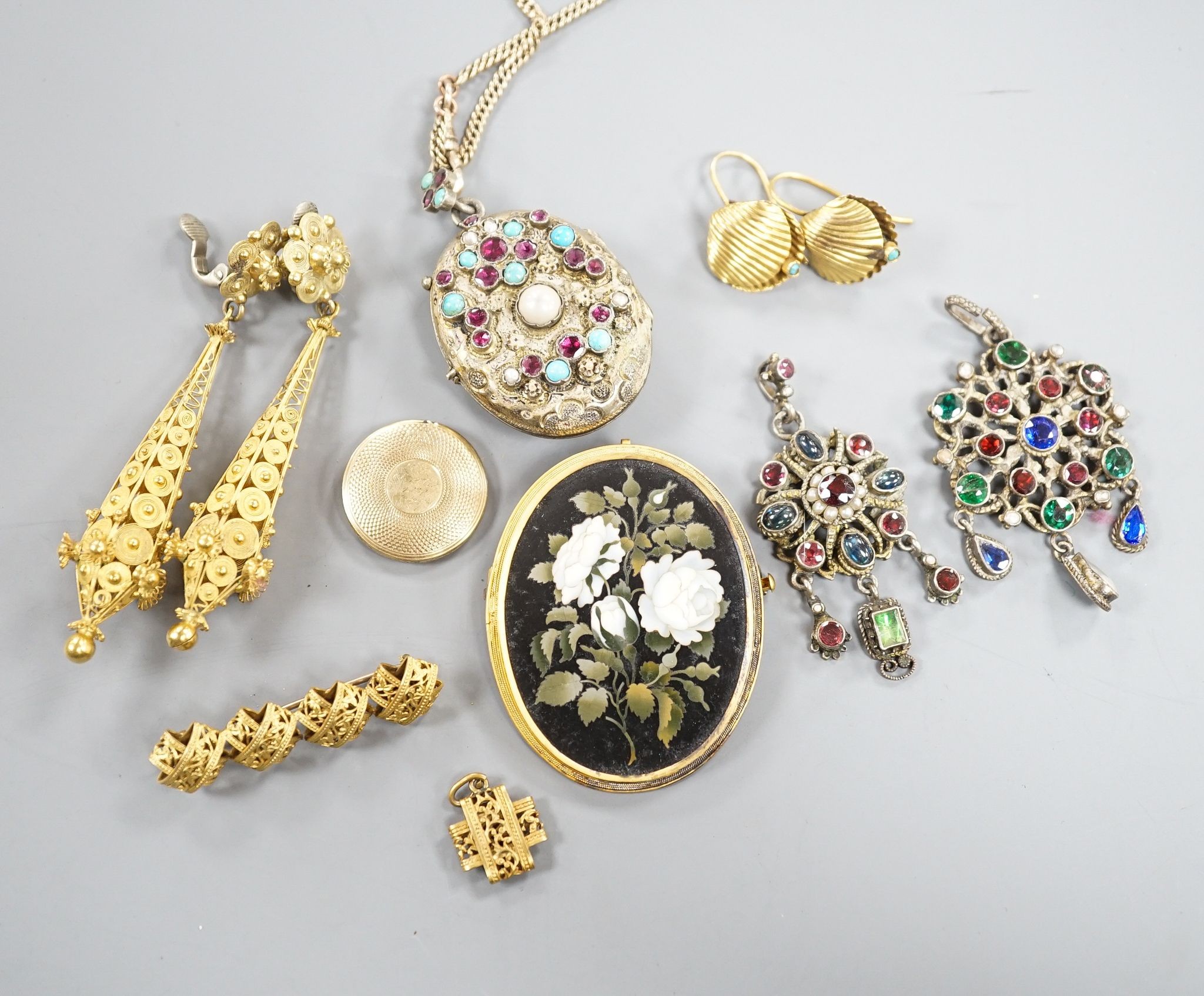 Mixed Victorian and later jewellery, including a pair of yellow metal cannettile work drop ear clips, overall 75mm, gross 12 grams (adapted), paste set locket and pendants, a William IV mourning pendant(a.f.),pair of yel